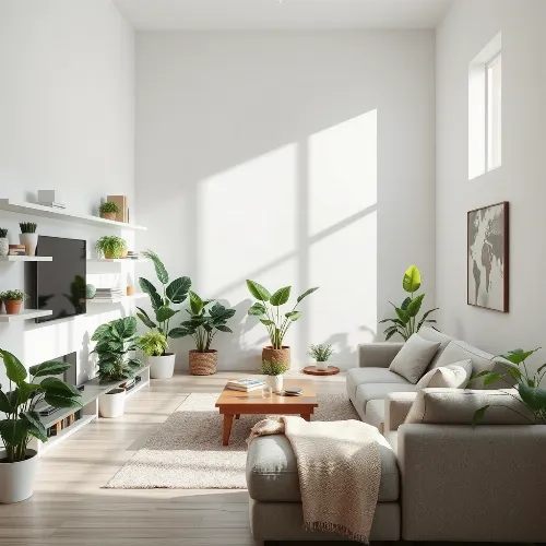 Clean and organized living room with green plants and natural light